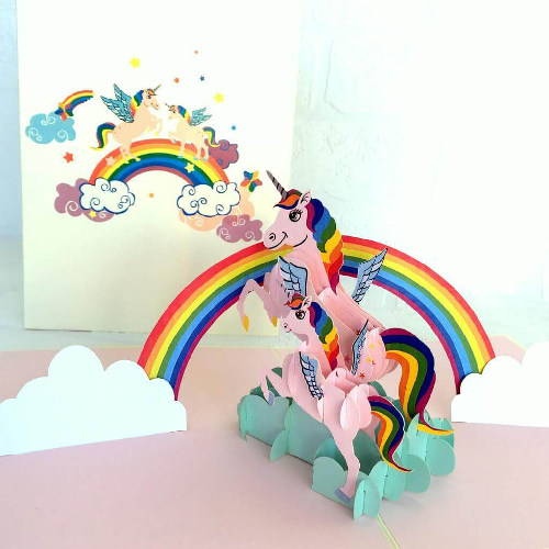 AM24 Buy Wholesale Retail Motherdays 3d Pop Up Greeting Cards 3d Foldable Customize Animal Jumping Rainbow Unicorn Pop Up Card (2)