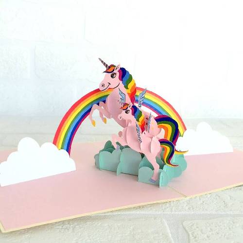 AM24 Buy Wholesale Retail Motherdays 3d Pop Up Greeting Cards 3d Foldable Customize Animal Jumping Rainbow Unicorn Pop Up Card (3)