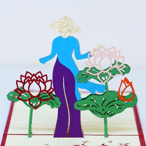 VN07 Buy Custom 3d Pop Up Greeting Cards Vietnam 3d Foldable Pop Up Card Lady with lotus (2)