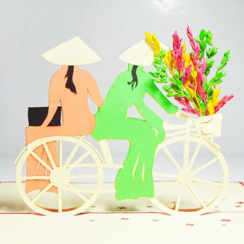 VN08 Buy Custom 3d Pop Up Greeting Cards Vietnam 3d Foldable Pop Up Card Lady on bicycle (1)