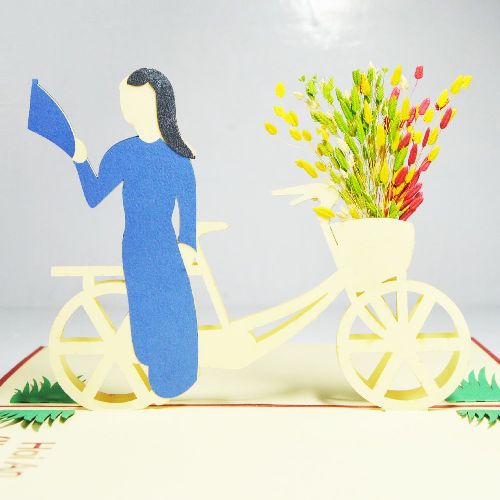 VN11 Buy Custom 3d Pop Up Greeting Cards Vietnam 3d Foldable Pop Up Card Lady on Bicycle (4)