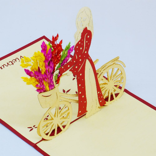 VN14 Buy Custom 3d Pop Up Greeting Cards Vietnam 3d Foldable Pop Up Card Lady on Bicycle (2)